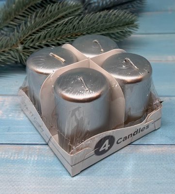 Набор цилиндрических свечей 40*60 металлик серебро, упаковка 4 шт. 014339 фото