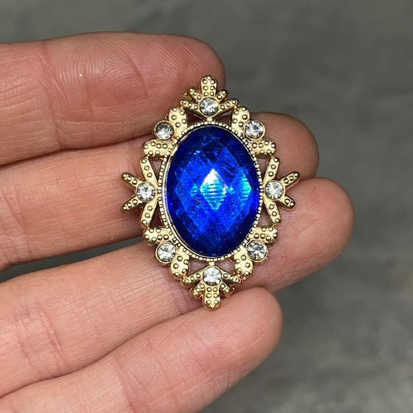 Серединка для бантиков овальная синяя в золотой оправе со стразами 3,2&times;2,5 см, плоское основание, арт 020745 020745 фото