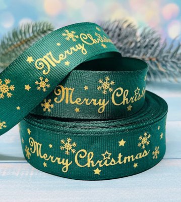 Репсова стрічка 2,5 см Merry Christmas, колір- темно-зелений, метр 014287 фото