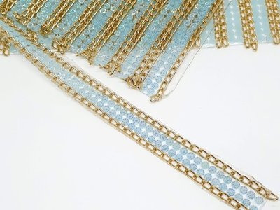 Стразовая тесьма с цепочкой (клеевая), ширина 1,5 см, длина 40 см цвет-голубой + золото, шт 08704 фото