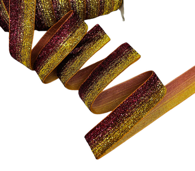Оксамитова стрічка з люрексом 2,5 см, колір червоно-золотої омбре, метр 010156 фото