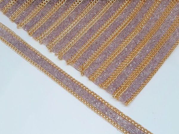 Стразовая тесьма с цепочкой (клеевая), ширина 1,5 см, длина 40 см цвет-сирень + золото (стеклярус), шт 08706 фото