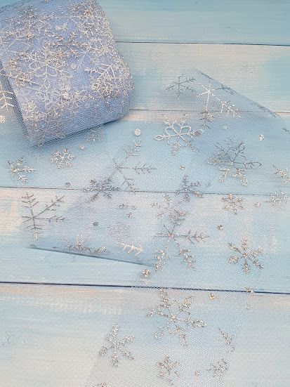 Фатин "Сніжинка", ширина 6 см, блакитний + срібло, метр 012564 фото