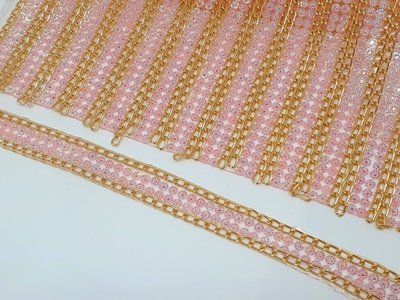 Стразовая тесьма с цепочкой (клеевая), ширина 1,5 см, длина 40 см цвет-розовый + золото, шт 08708 фото