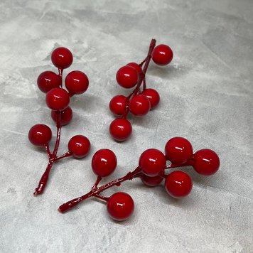 Декоративная веточка с ягодами (6-7 ягод), 9,5*1,5 см, цвет красный, шт. 016773 фото