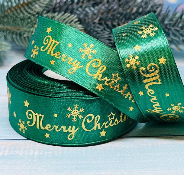 Атласная лента 2,5 см Merry Christmas, цвет-темно-зеленый, метр 014283 фото