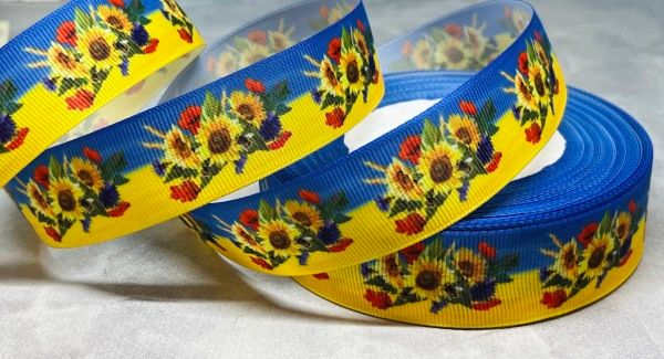 Репсовая лента 2,5 см-Флаг Украины (цветы), метр 014895 фото